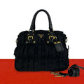 Prada Logo Gathered Nylon Leather 2-Way Handbag Tote Shoulder Bag Black