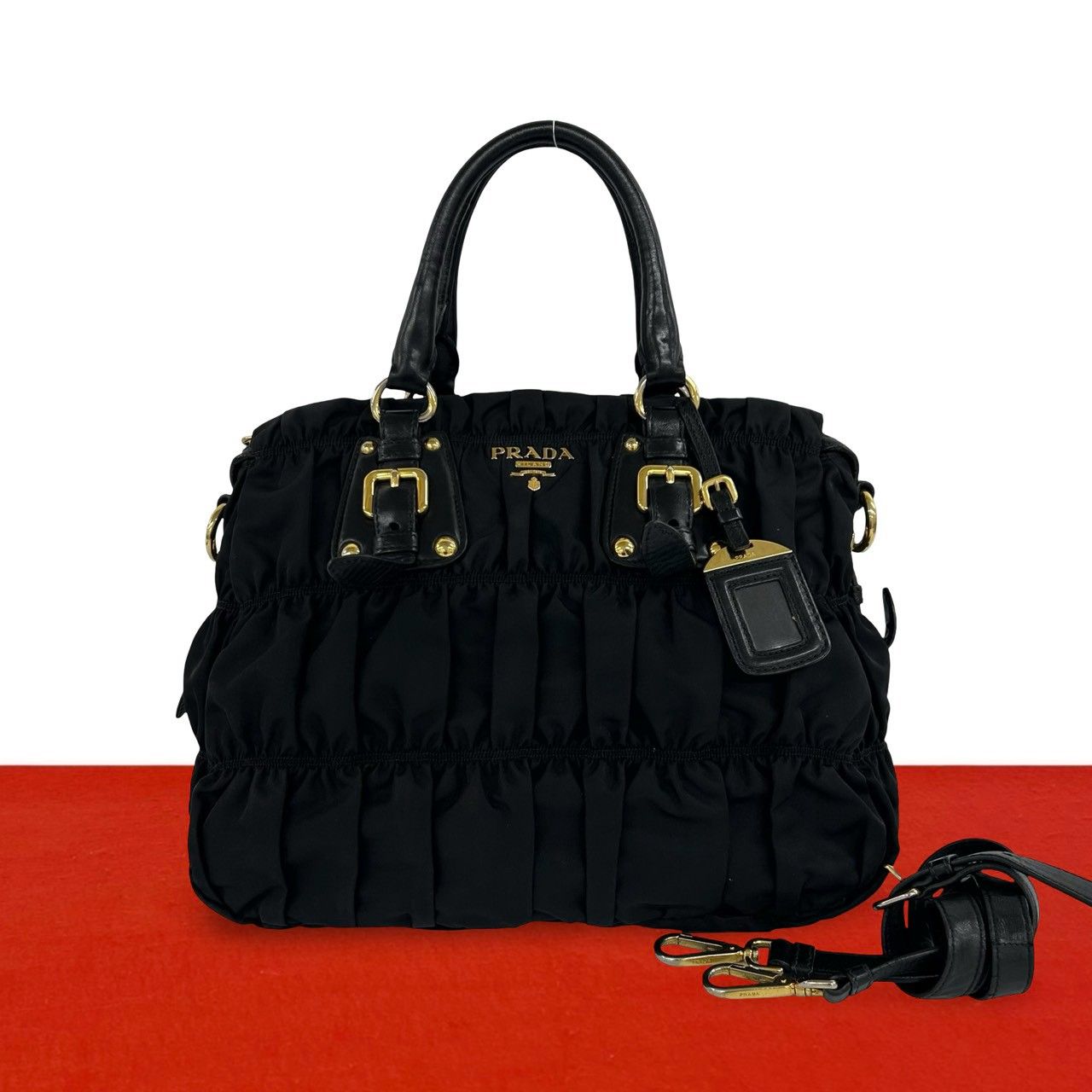 Prada Logo Gathered Nylon Leather 2-Way Handbag Tote Shoulder Bag Black