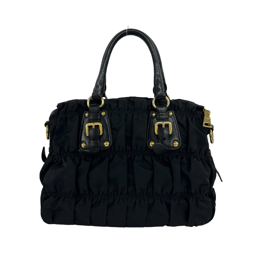 Prada Logo Gathered Nylon Leather 2-Way Handbag Tote Shoulder Bag Black — view 3
