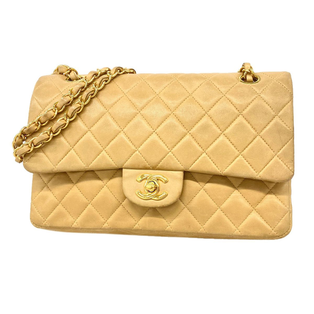 Chanel Shoulder Bag Quilted Lambskin Beige Gold