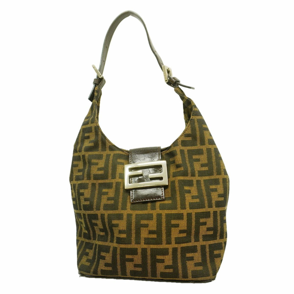 Fendi Shoulder Bag Zucca Nylon Canvas Brown Silver