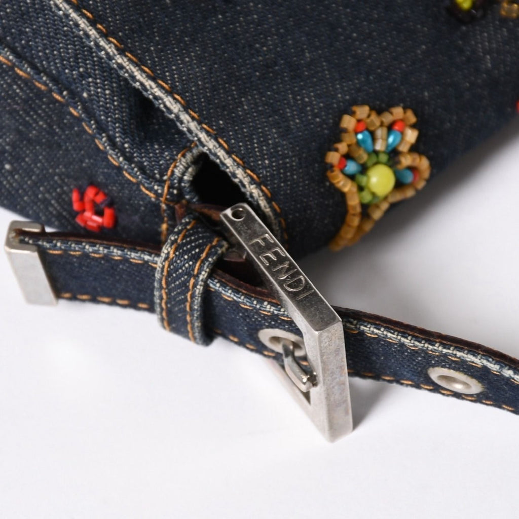 Fendi Mamma Baguette Bag Flower Motif Beads Denim Navy Silver — view 8