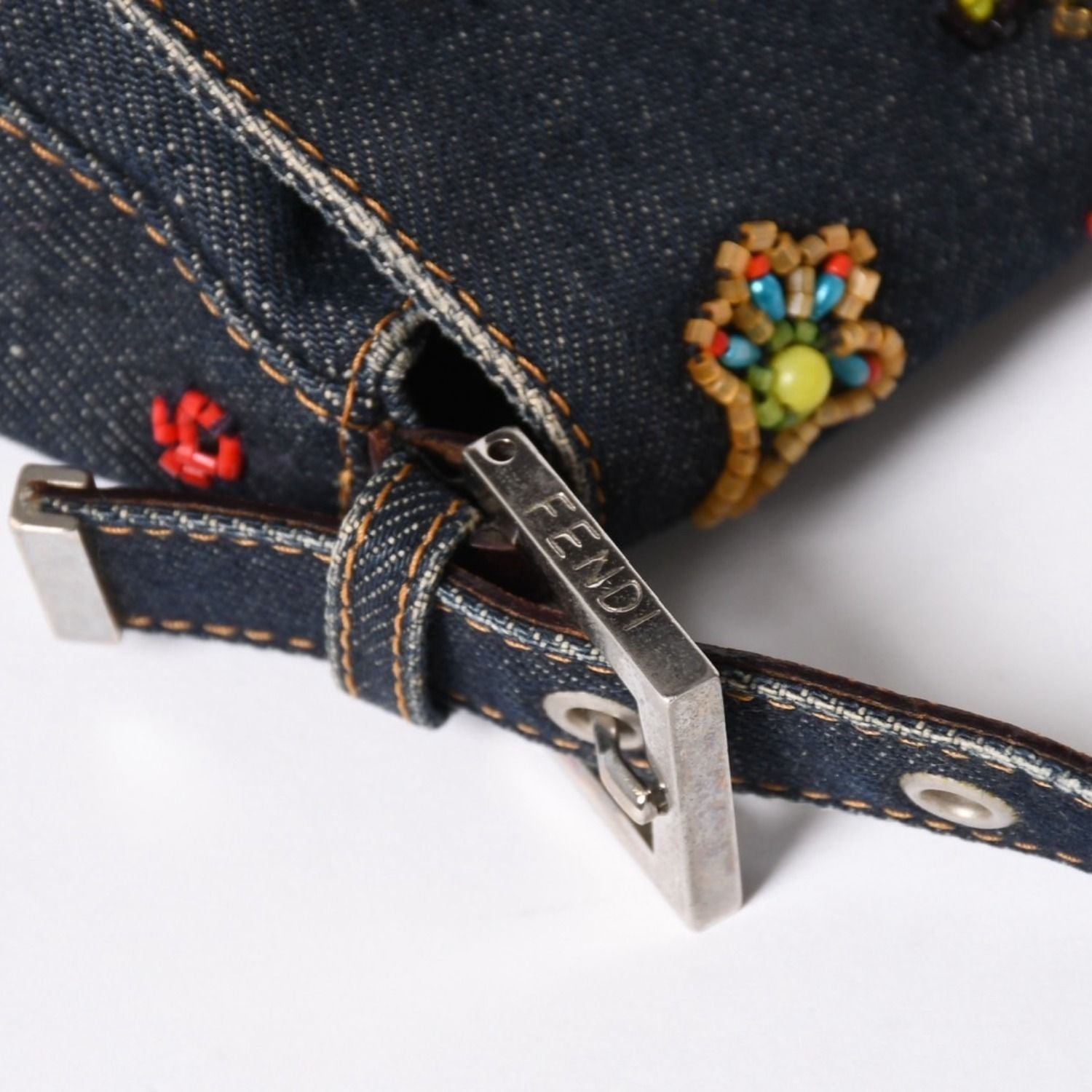 Fendi Mamma Baguette Bag Flower Motif Beads Denim Navy Silver — view 8
