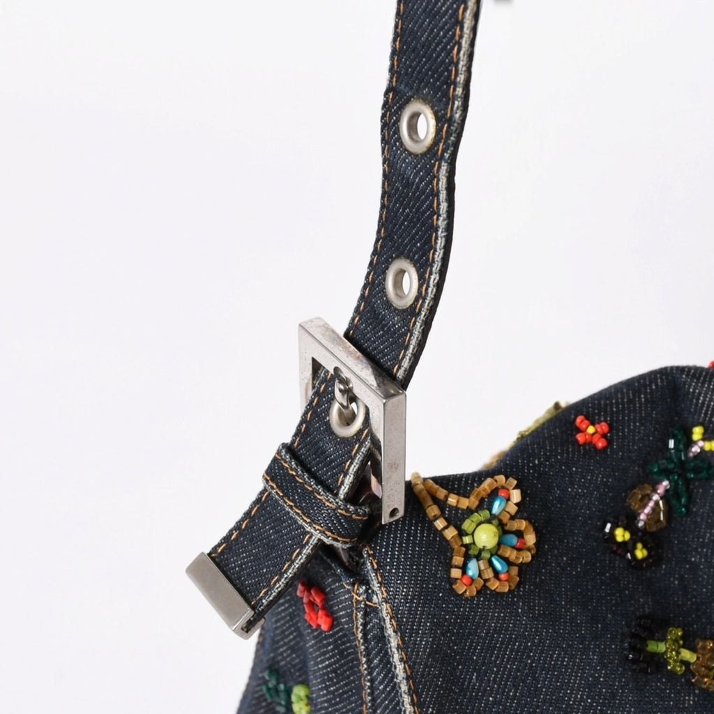 Fendi Mamma Baguette Bag Flower Motif Beads Denim Navy Silver — view 4
