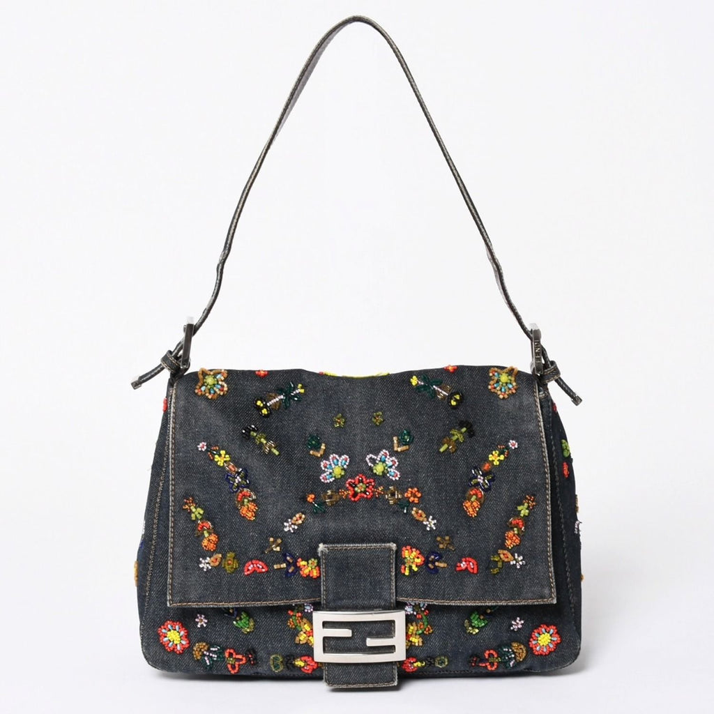 Fendi Mamma Baguette Bag Flower Motif Beads Denim Navy Silver