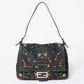 Fendi Mamma Baguette Bag Flower Motif Beads Denim Navy Silver