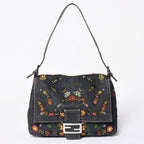 Fendi Mamma Baguette Bag Flower Motif Beads Denim Navy Silver