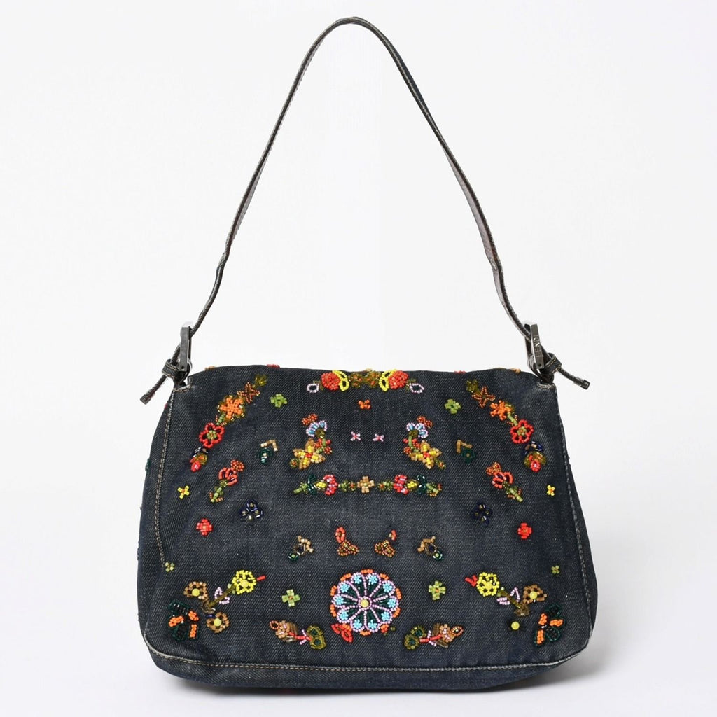 Fendi Mamma Baguette Bag Flower Motif Beads Denim Navy Silver — view 2