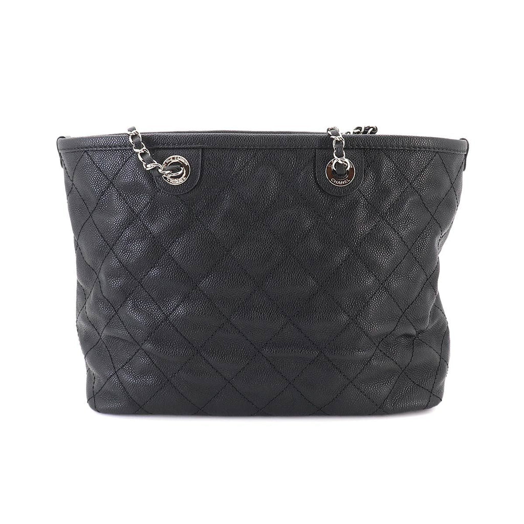 Chanel Quilted Chain Tote Bag Caviar Leather Black Silver — view 3