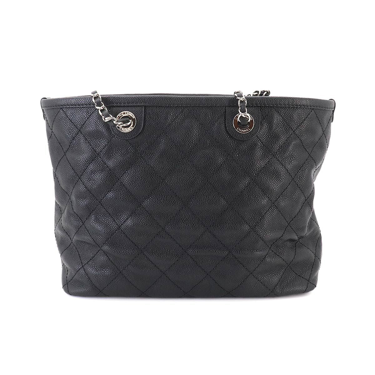 Chanel Quilted Chain Tote Bag Caviar Leather Black Silver — view 3