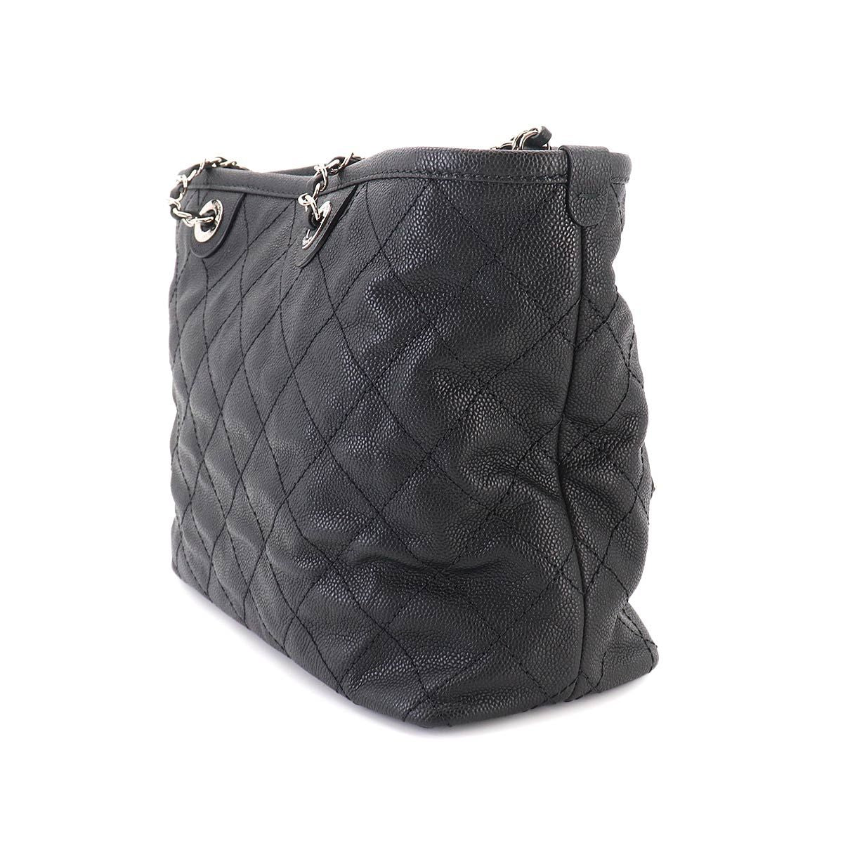 Chanel Quilted Chain Tote Bag Caviar Leather Black Silver — view 4