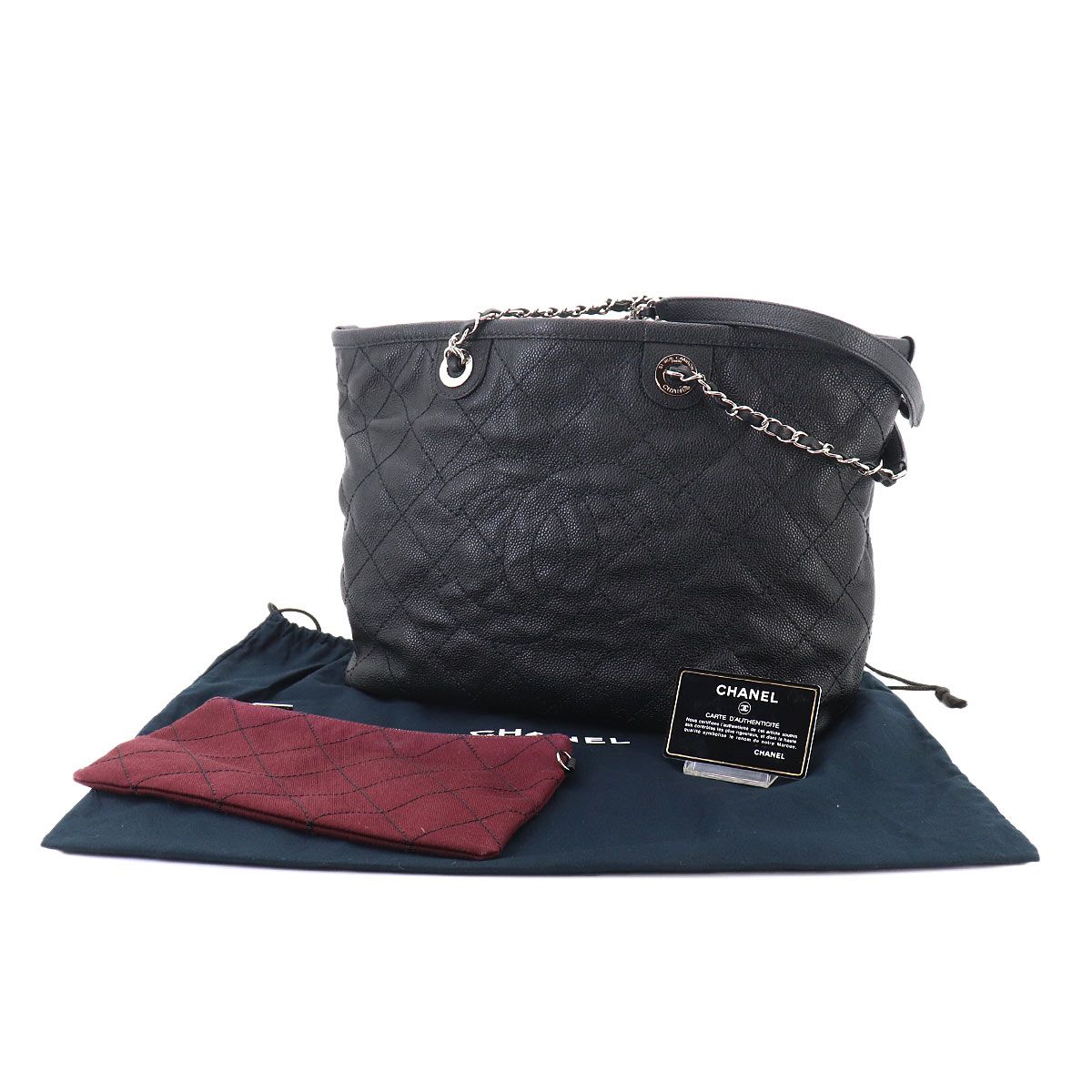 Chanel Quilted Chain Tote Bag Caviar Leather Black Silver — view 2