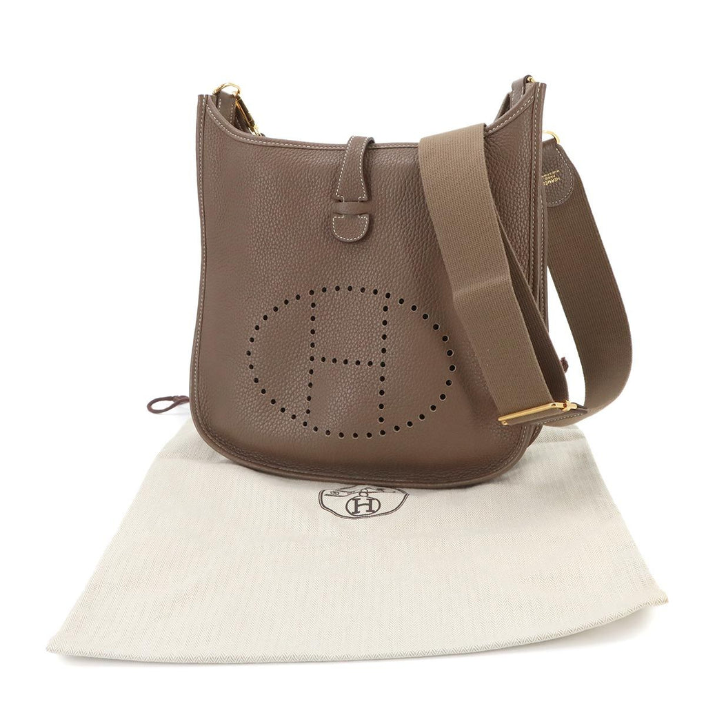 Hermes Evelyne 3 PM Shoulder Bag Taurillon Clemence Etoupe Gold — view 2