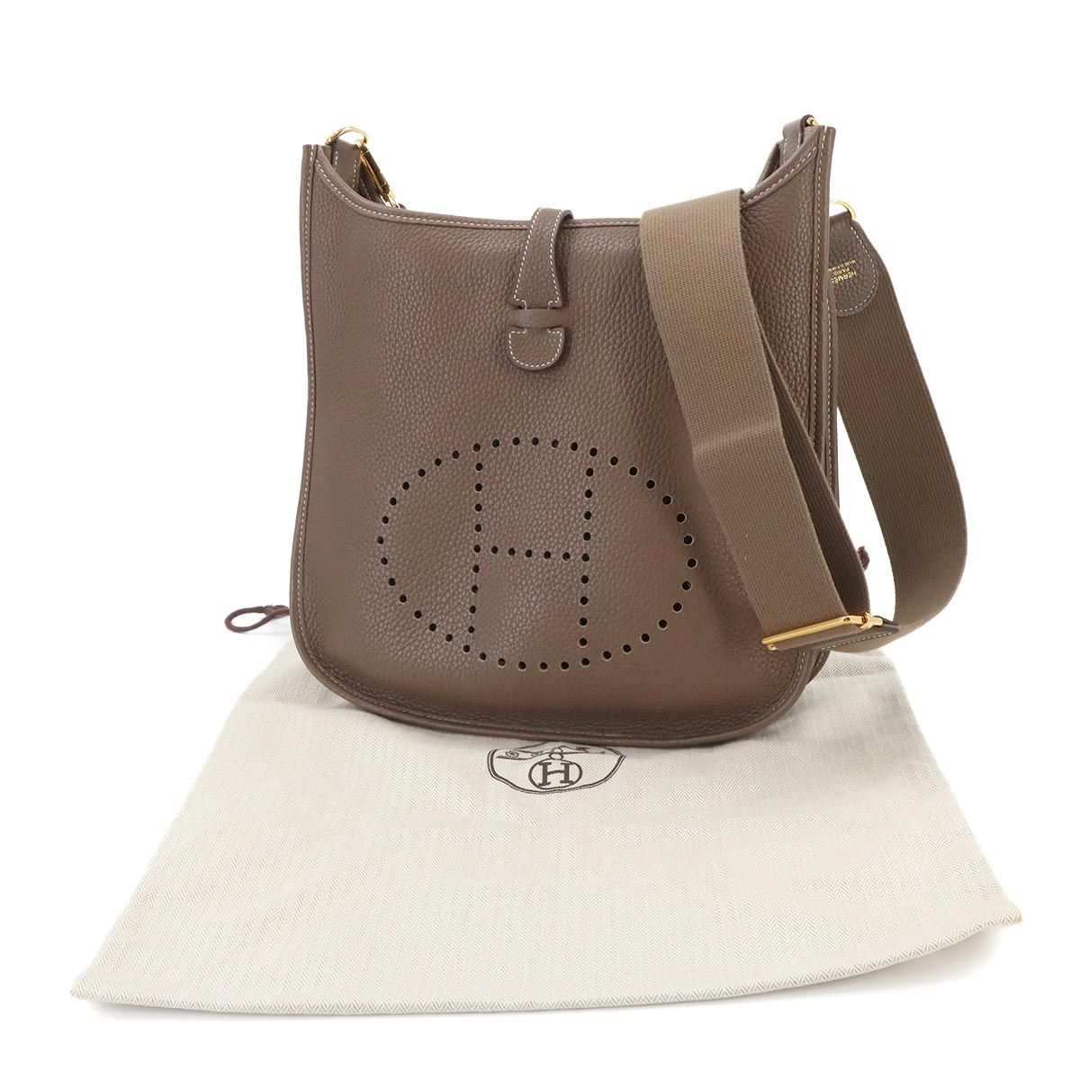 Hermes Evelyne 3 PM Shoulder Bag Taurillon Clemence Etoupe Gold — view 2