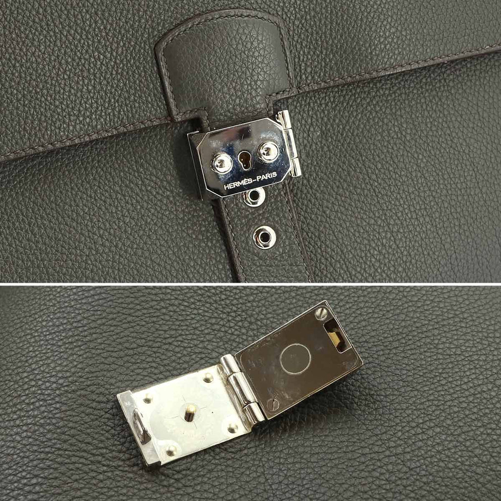 Hermes Sac a Depeche 41 Briefcase Business Togo Vert Grease Etoupe — view 8