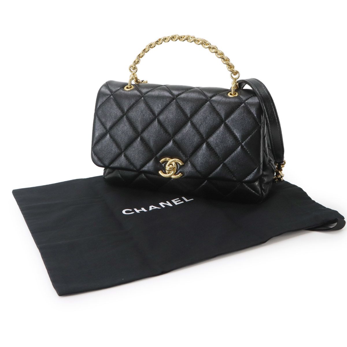 Chanel Quilted 2-Way Bag Leather Black Gold Bag — view 2