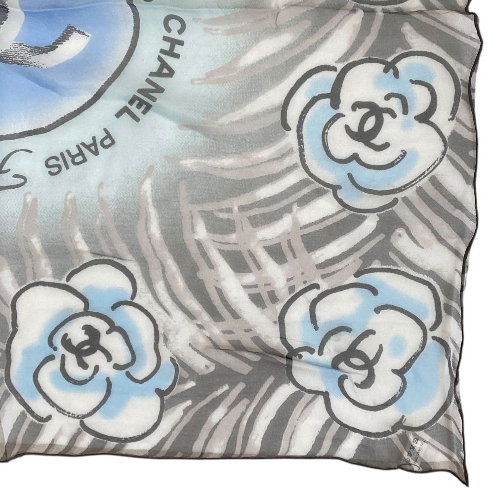 Chanel French Festival Limited Chiffon Scarf CC Logo Camellia Silk Blue Gray — view 4
