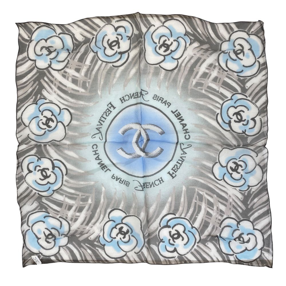 Chanel French Festival Limited Chiffon Scarf CC Logo Camellia Silk Blue Gray — view 2