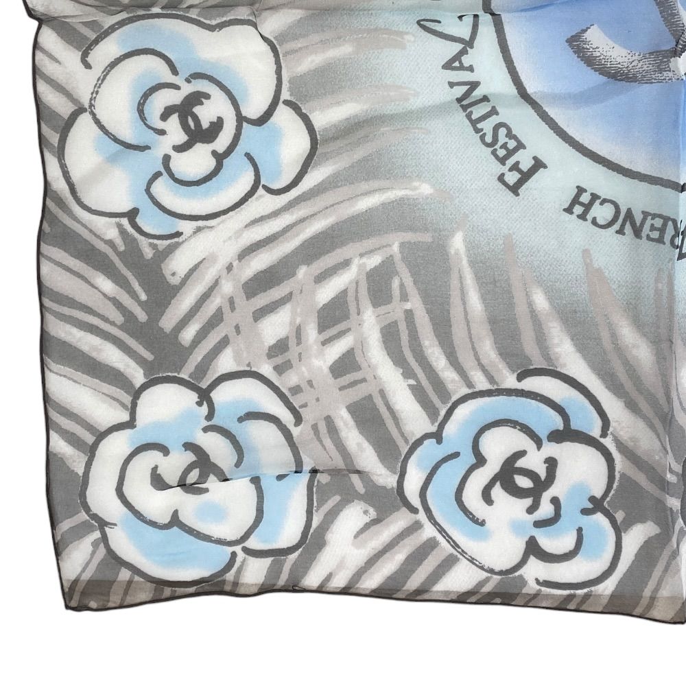 Chanel French Festival Limited Chiffon Scarf CC Logo Camellia Silk Blue Gray — view 6
