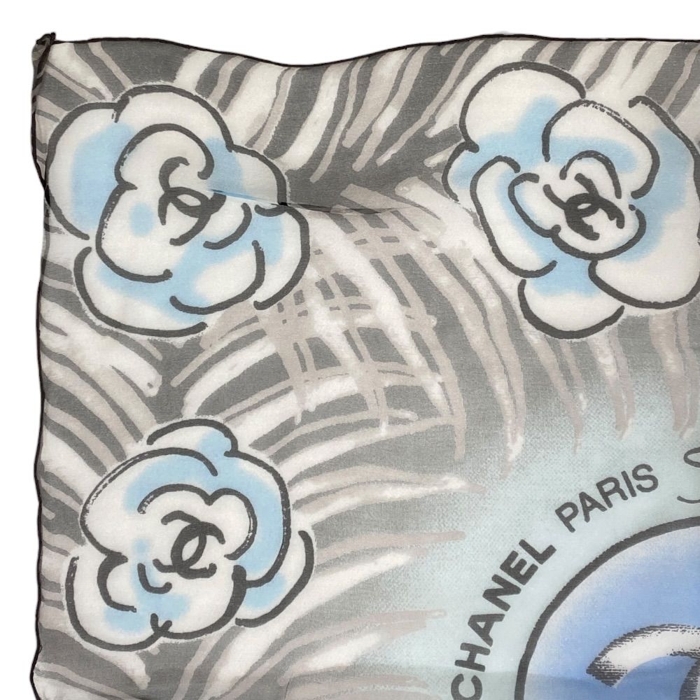 Chanel French Festival Limited Chiffon Scarf CC Logo Camellia Silk Blue Gray — view 5