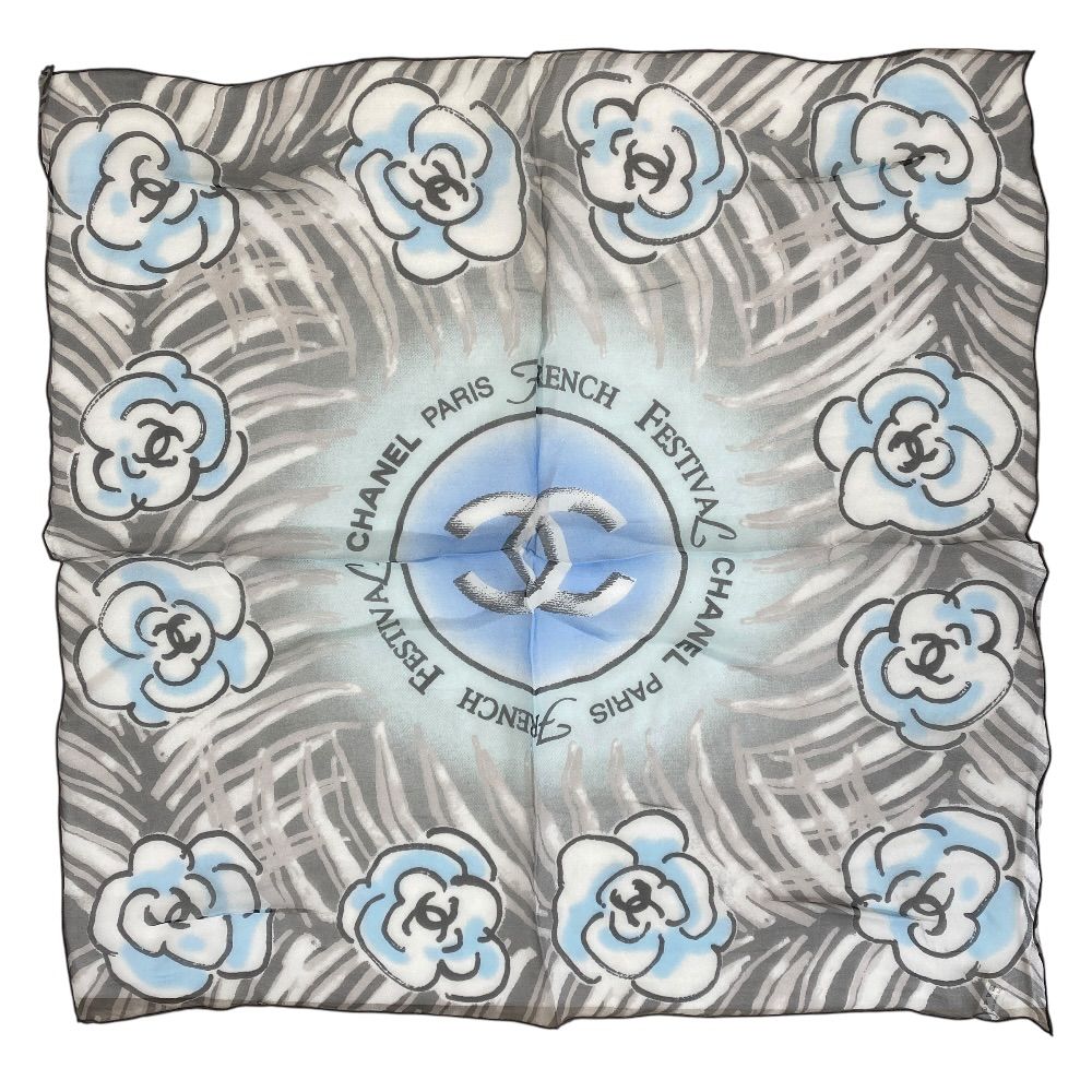 Chanel French Festival Limited Chiffon Scarf CC Logo Camellia Silk Blue Gray