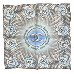 Chanel French Festival Limited Chiffon Scarf CC Logo Camellia Silk Blue Gray