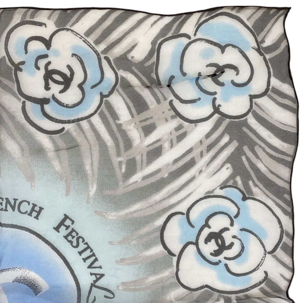 Chanel French Festival Limited Chiffon Scarf CC Logo Camellia Silk Blue Gray — view 3