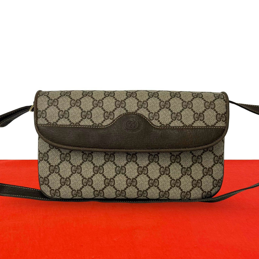 Gucci Vintage GG Pattern Logo Leather Shoulder Bag Pochette Crossbody Brown