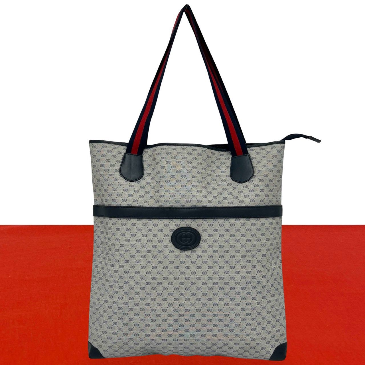Gucci Vintage Sherry Line Micro GG Logo Leather Tote Shoulder Bag Navy