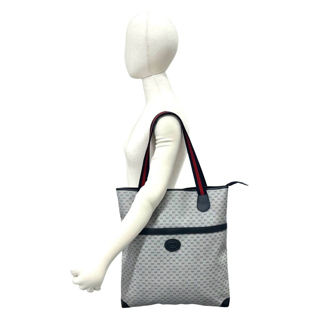 Gucci Vintage Sherry Line Micro GG Logo Leather Tote Shoulder Bag Navy — view 2