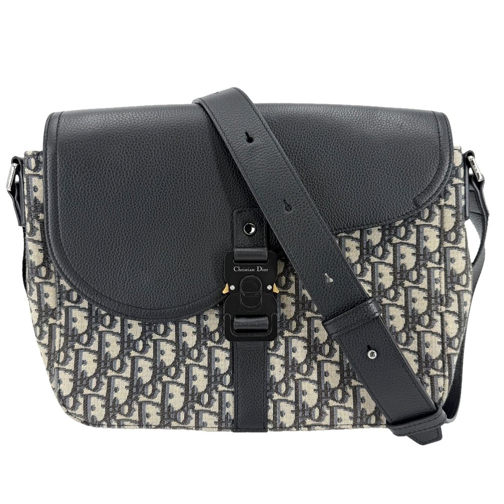 Dior Shoulder Bag with Oblique Saddle Flap Crossbody Leather Canvas Black Beige