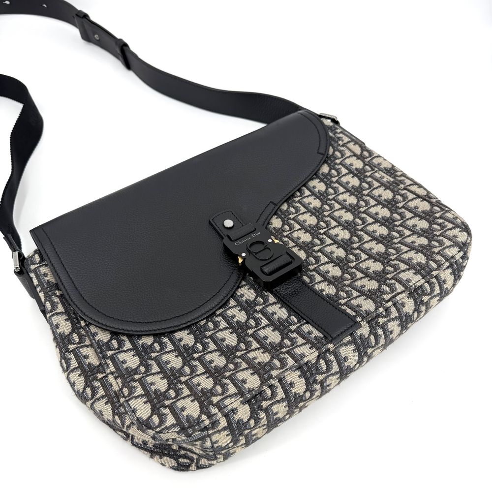 Dior Shoulder Bag with Oblique Saddle Flap Crossbody Leather Canvas Black Beige — view 3