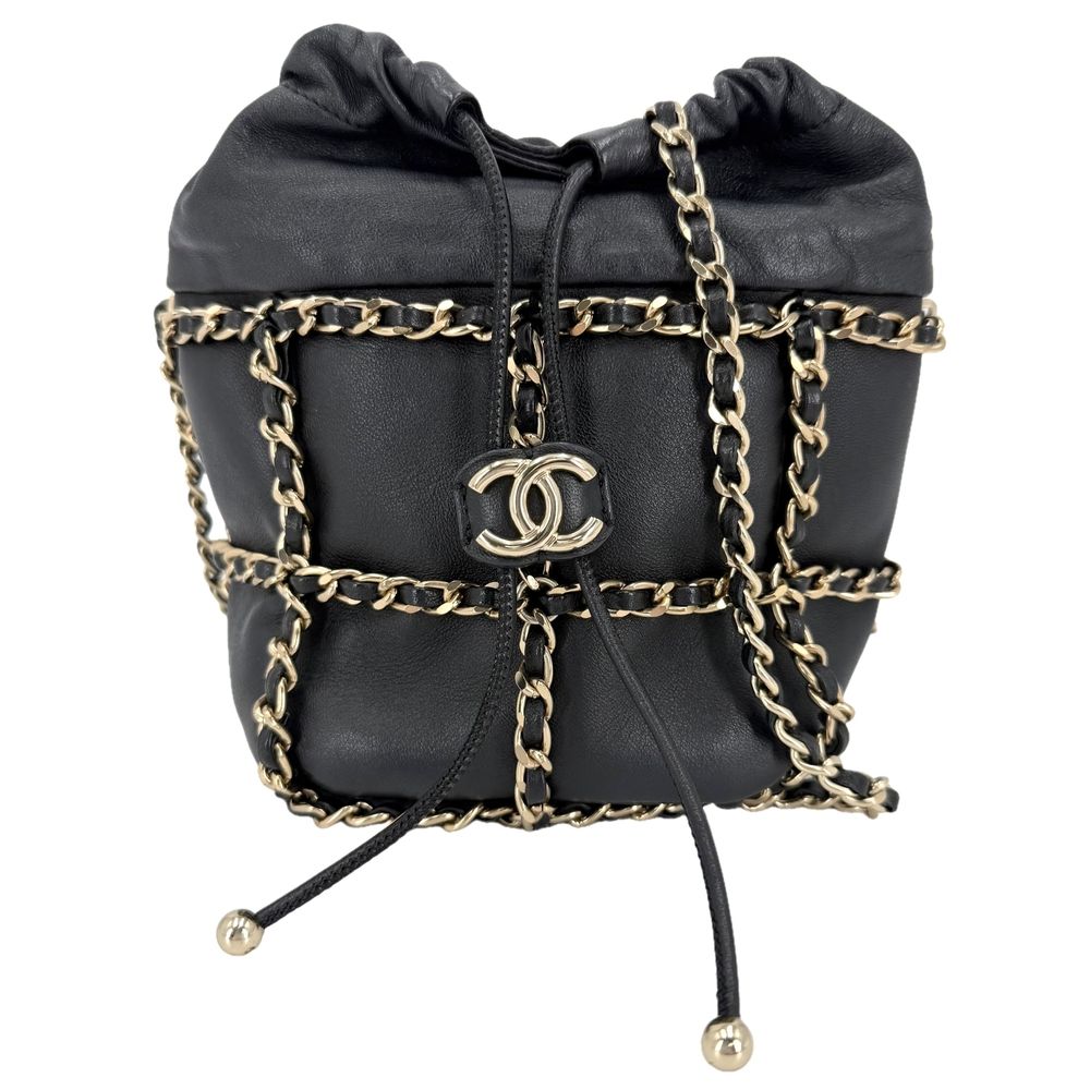 Chanel Shoulder Bag Chain Bag Crossbody Lambskin Black Gold Vintage