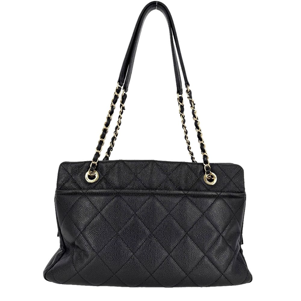 Chanel Handbag Quilted Chain Tote CC Logo Shoulder Caviar Leather Black Gold — view 2