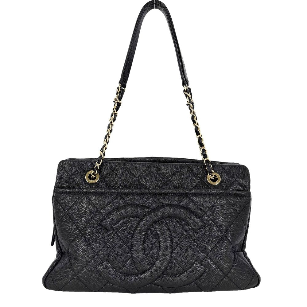 Chanel Handbag Quilted Chain Tote CC Logo Shoulder Caviar Leather Black Gold