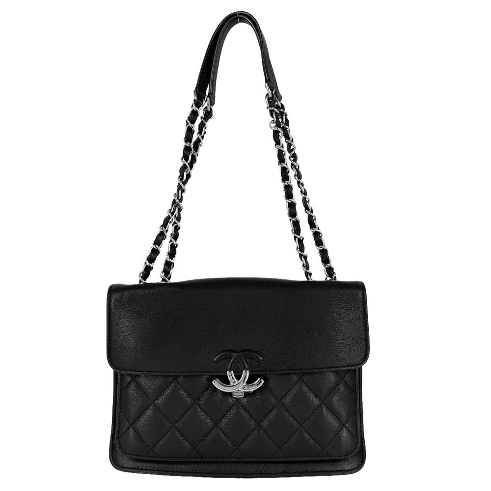 Chanel Shoulder Bag Quilted CC Logo Double Chain Crossbody Leather Black Silver