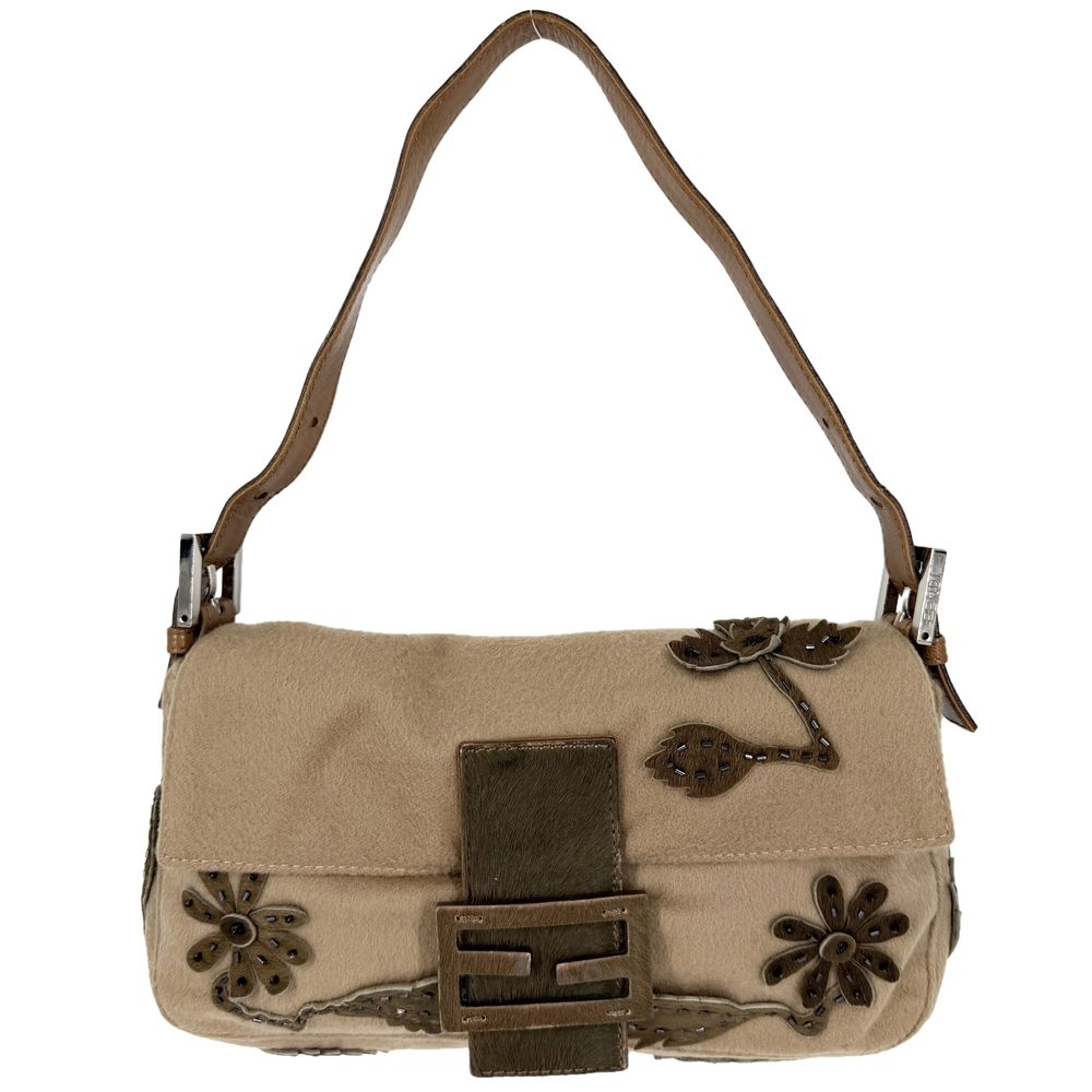 Fendi Handbag Flower Motif Mamma Bucket Shoulder Bag Wool Calf Hair Beads Brown
