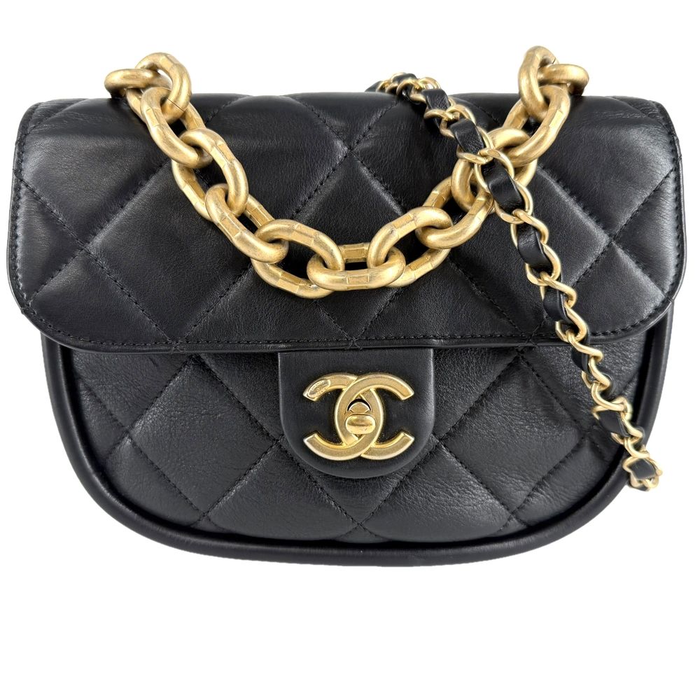 Chanel 2-Way Quilted Handbag Chain Shoulder Bag Crossbody CC Logo Lambskin Black
