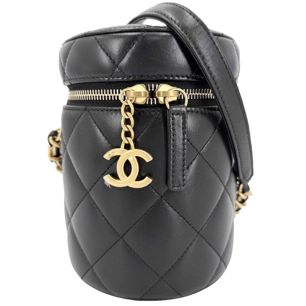 Chanel Shoulder Bag Logo Quilted Chain Vanity Crossbody CC Lambskin Black Gold
