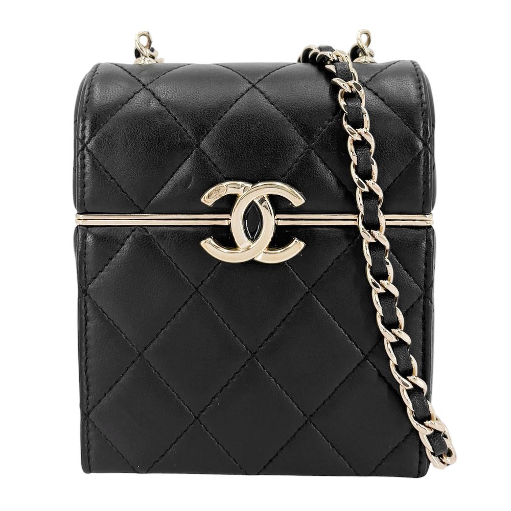 Chanel Shoulder Bag Quilted CC Logo Lambskin Black Gold Vintage
