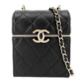 Chanel Shoulder Bag Quilted CC Logo Lambskin Black Gold Vintage