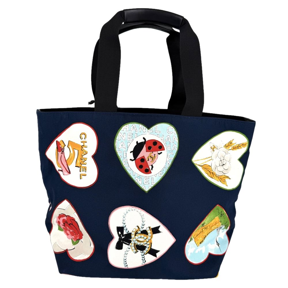 Chanel Tote Valentine Heart Handbag CC Logo Shoulder Canvas Navy Silver Vintage — view 2