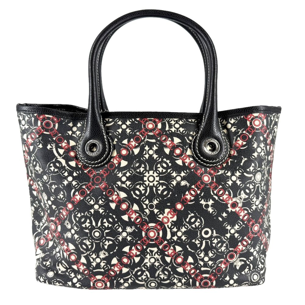 Chanel Tote Coco Travel Handbag CC Logo Shoulder Canvas Leather Black Red Silver — view 2