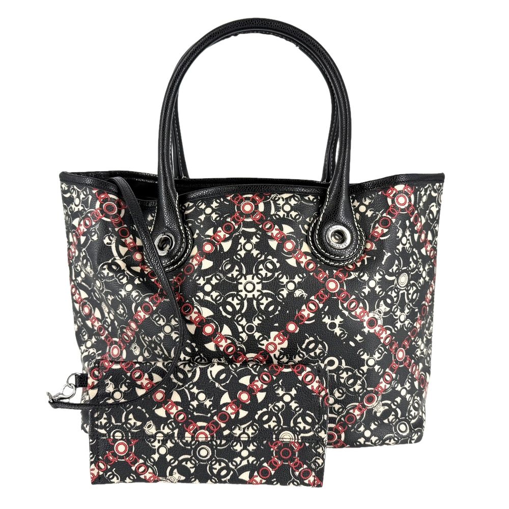 Chanel Tote Coco Travel Handbag CC Logo Shoulder Canvas Leather Black Red Silver