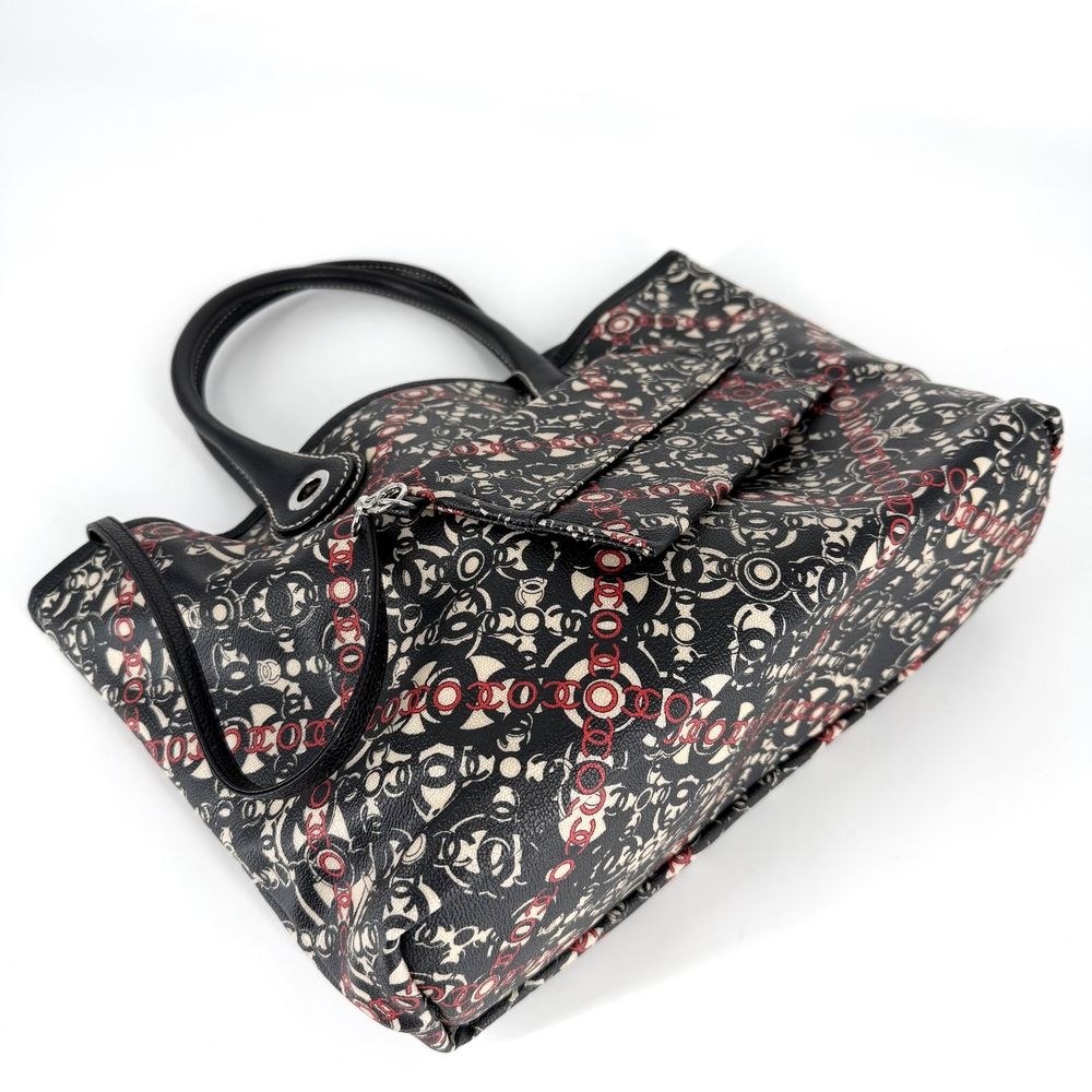 Chanel Tote Coco Travel Handbag CC Logo Shoulder Canvas Leather Black Red Silver — view 3