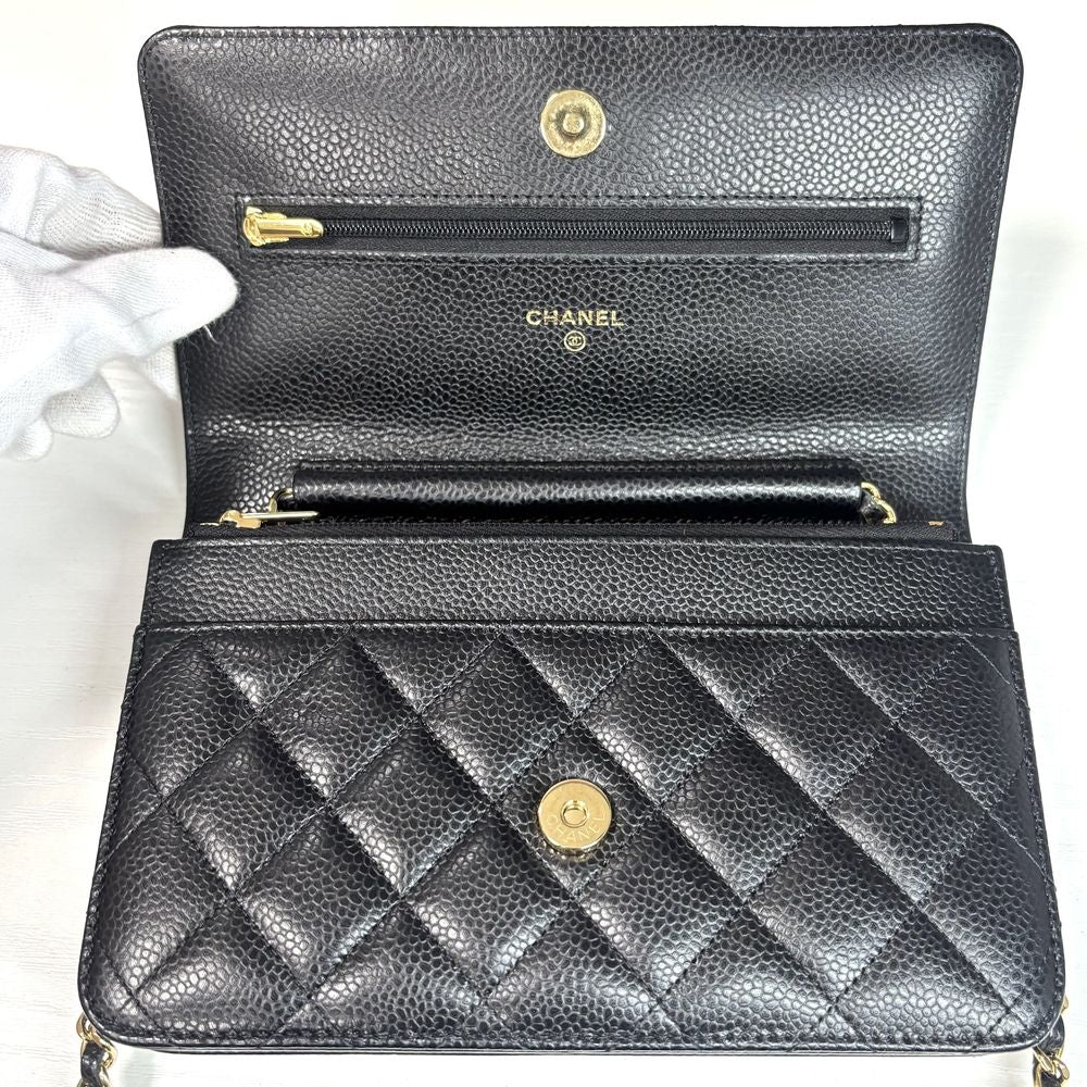 Chanel Chain Wallet Quilted Shoulder Bag CC Logo Crossbody Caviar Leather Black — view 4