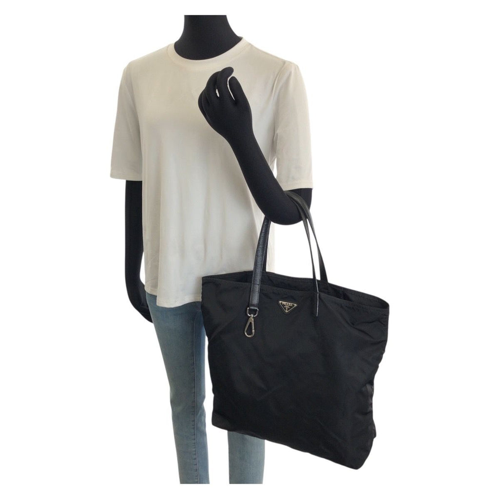 Prada Tessuto Saffiano Black Silver Nylon Leather Tote Bag — view 7