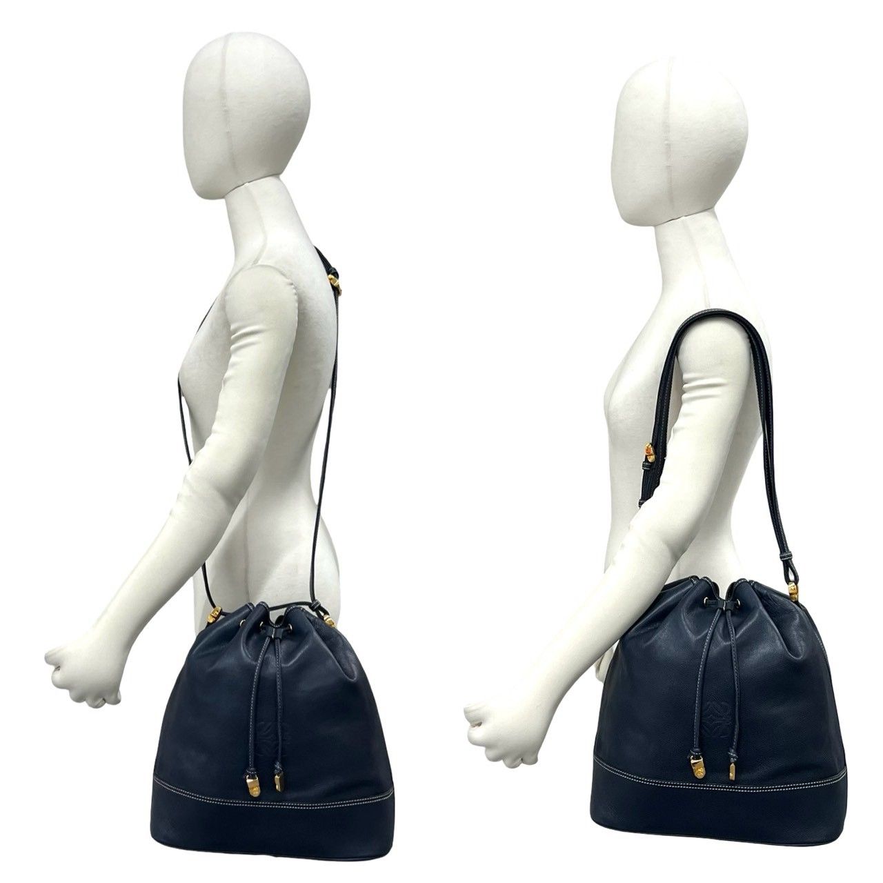 Loewe Vintage Anagram Logo Leather Drawstring Shoulder Bag Cross Navy — view 2