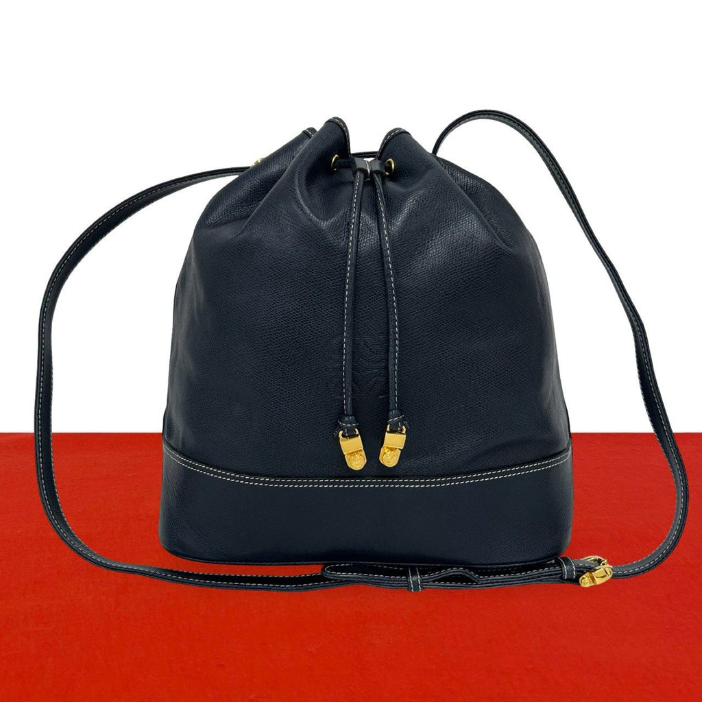 Loewe Vintage Anagram Logo Leather Drawstring Shoulder Bag Cross Navy