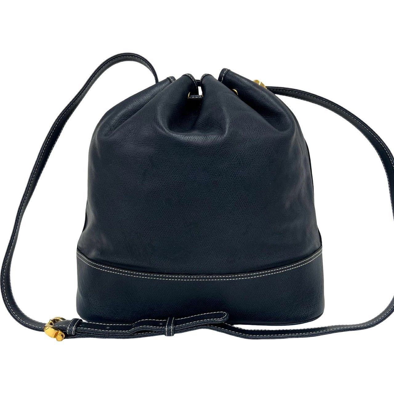 Loewe Vintage Anagram Logo Leather Drawstring Shoulder Bag Cross Navy — view 3